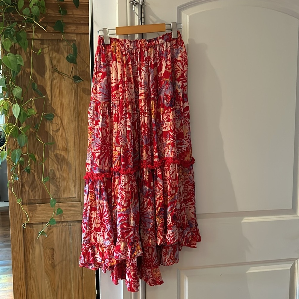 FREE PEOPLE kahlo  Red Floral Boho 2-Piece Halter Top & Tiered Maxi Skirt Set xs - Picture 16 of 16